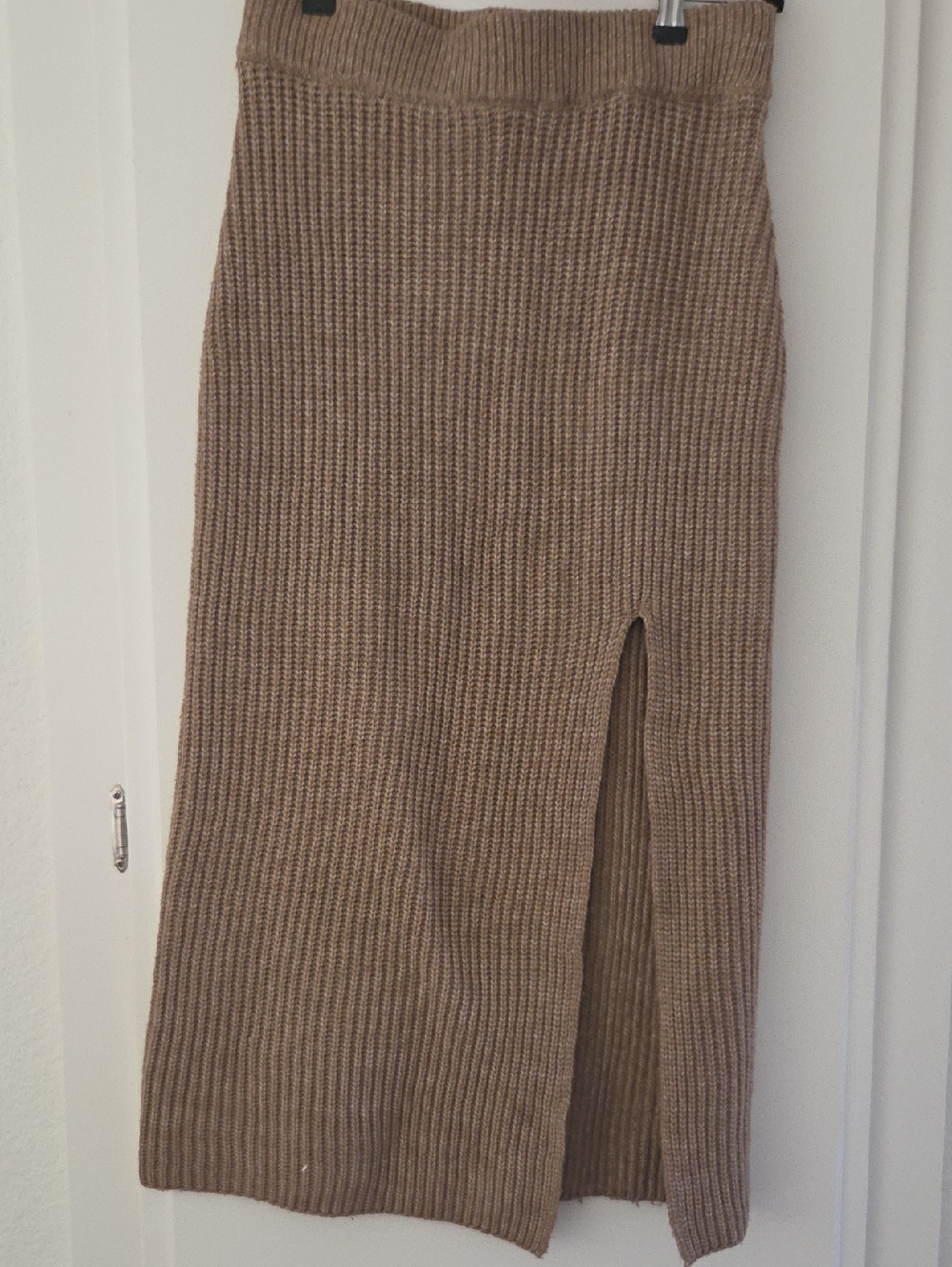 HyFVE Ribbed Knit Midi Skirt with Front Slit - Taupe